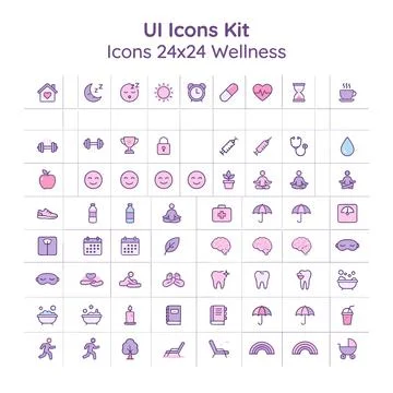 Comprehensive UI Icons Kit for Wellness and Health, featuring 24x24 pixel a.. Stock Illustration