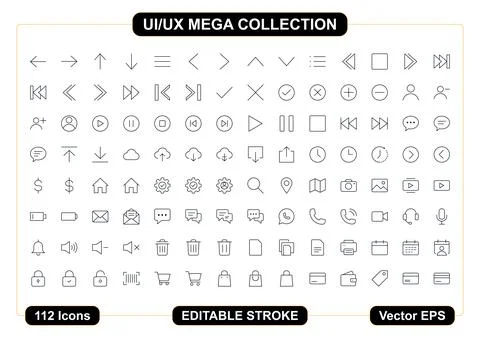 Comprehensive ui ux interface icon pack featuring essential navigation medi.. Ilustración de archivo