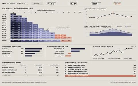 A comprehensive vector data visualization dashboard showing climate risk metr Stock Illustration