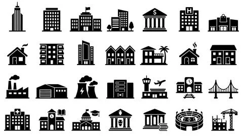 A comprehensive vector icon collection displaying various city buildings, i.. Stock Illustration