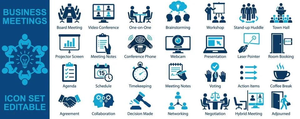 Comprehensive vector icon set detailing modern business meeting types, coll.. Stock Illustration