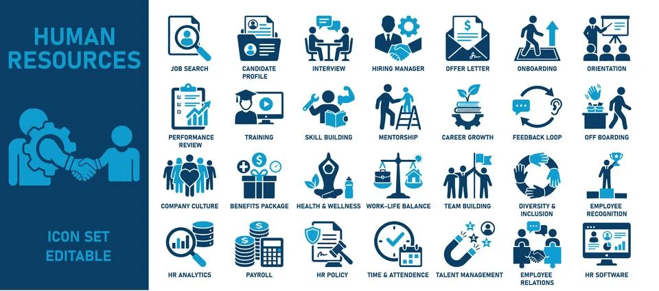 This comprehensive vector icon set details critical Human Resources managem.. Stock Illustration