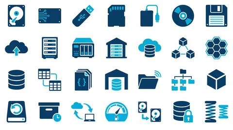 A comprehensive vector icon set illustrating various digital data storage, .. 스톡 일러스트