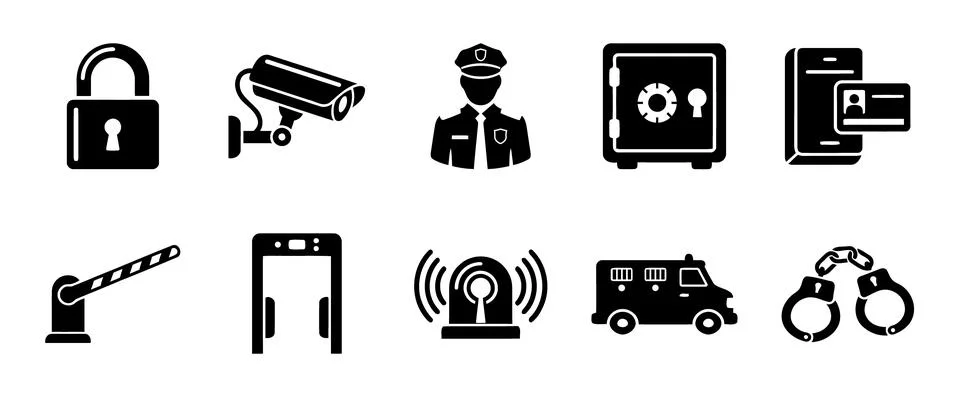 Comprehensive vector icon set showing essential security and protection equ.. Stock Illustration