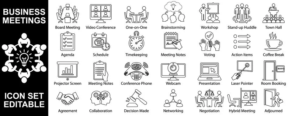 Comprehensive vector icon set showing different types of business meetings .. Stock Illustration