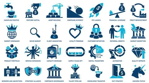 A comprehensive vector set of modern business and finance strategy icons fo.. Illustrazione stock