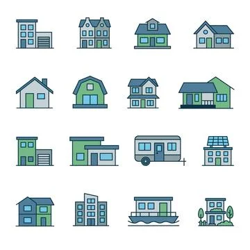 Comprehensive Vector Set of Residential Architecture Icons Featuring Diverse イラスト素材