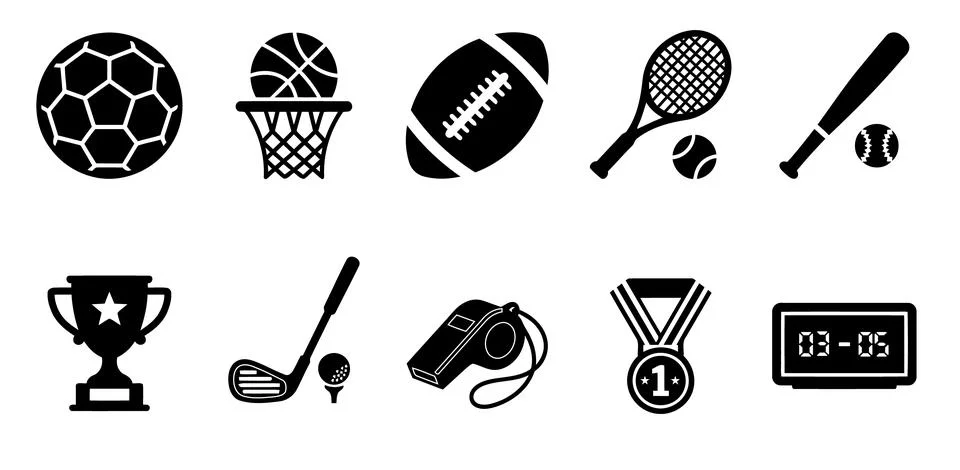 A comprehensive vector silhouette set showing essential sports equipment an.. Stock Illustration