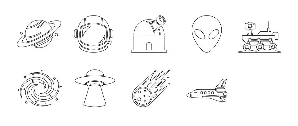A comprehensive vector space and astronomy icon set featuring planets, shut.. Stock Illustration