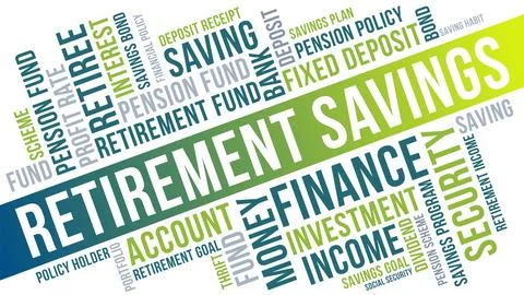 Comprehensive Word Cloud Illustrating Key Concepts of Retirement Savings, F.. Stock Illustration