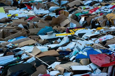 Compressed and baled cardboard boxes, ready for recycling. Stock Photos