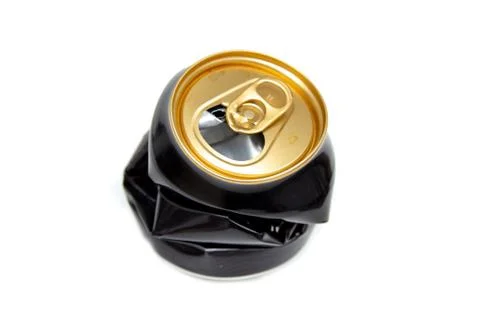 Compressed can isolated on a white background, Aluminum recycling old cans. Stock Photos