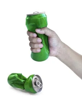 Compressed cans in hand isolated on white background Stock Photos
