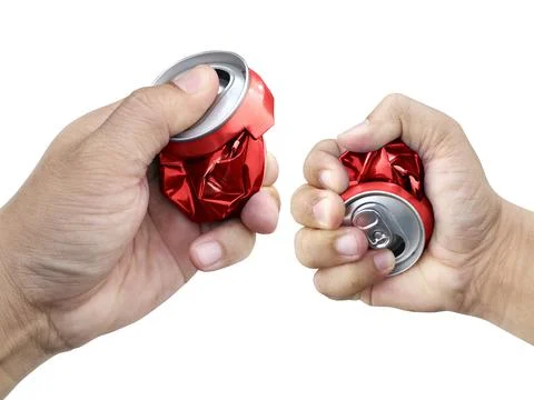 Compressed cans in hand isolated on white background Stock Photos