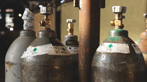 Compressed gas cylinders are in the workshop. Stock Footage 144213504
