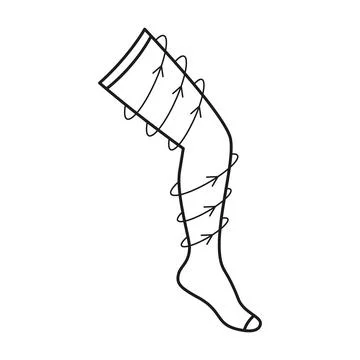 Compression stocking, socks on leg with circular arrows, line icon. Treatment Stock Illustration