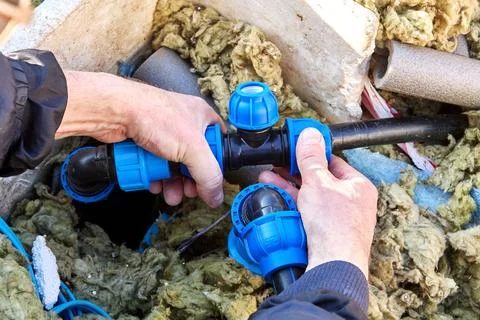 Compression tee fitting for HDPE pipes in hands of plumber. Stock Photos