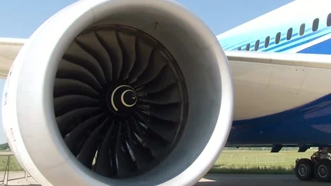 Compressor rotor of engine of Boeing 787 Dreamliner aircraft rotates freely. Stock Footage 197776767
