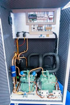 Compressor stations. Refrigeration equipment. Condensing units for refrigerat Stock Photos