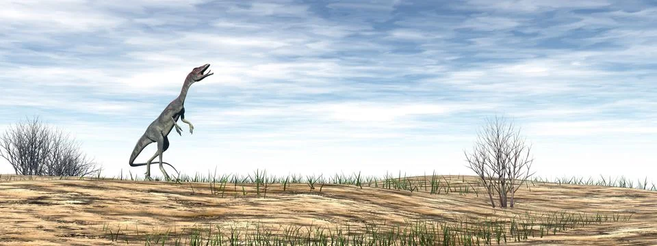 Compsognathus dinosaur in the desert - 3D render Stock Illustration