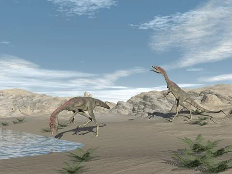 Compsognathus dinosaurs in the desert - 3D render Stock Illustration