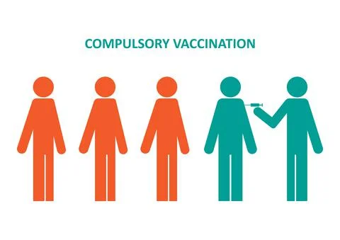 Compulsory vaccination poster with a queue of people waiting for vaccinations Stock Illustration