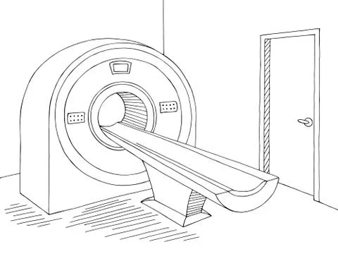 Computed tomography scan device hospital room interior graphic black white sketc Stock Illustration