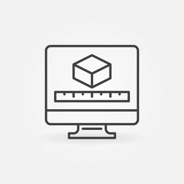 Computer with 3D Cube and Ruler vector concept outline icon Stock Illustration