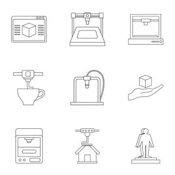 Computer 3d printer icon set, outline style Stock Illustration