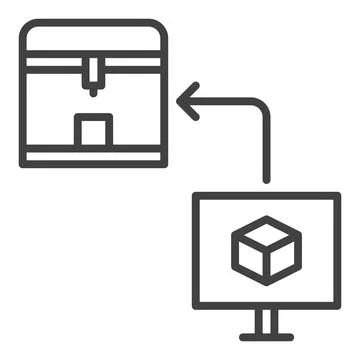 Computer with 3D Printer vector Printing Technology linear icon or symbol Stock Illustration