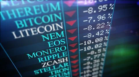 A computer 3d rendering of crypto currency information placed on a huge black Stock Illustration