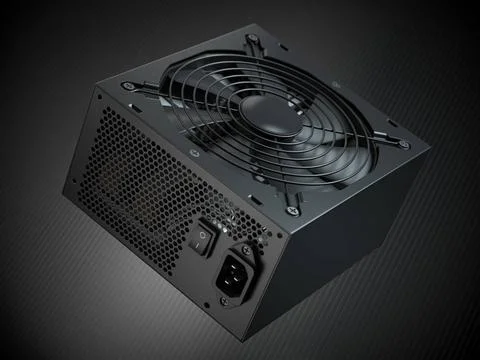 Computer AC power supply unit on black background. Computer AC power suppl... Stock-Fotos