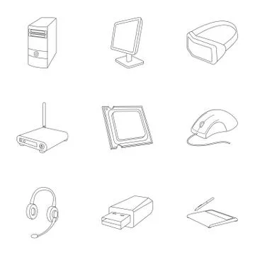 Computer accessories. Headphones, computer parts, accessories.Personal computer Ilustración de archivo