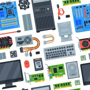 Computer accessories vector pc equipment motherboard memory and keyboard Illustrazione stock