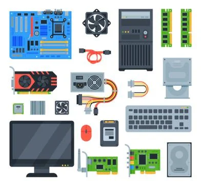 Computer accessories vector pc equipment motherboard memory and keyboard Stockillustratie