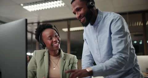 Computer, advice or black people in call center for support in telemarketing or Stock Footage 280785808