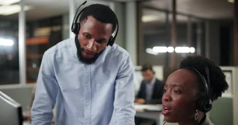 Computer, advice or people in call center for learning in telemarketing or Stock Footage 280793274