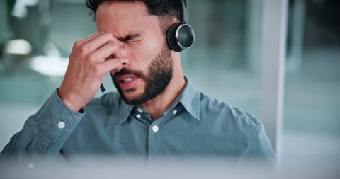 Computer, agent and headache or eye strain in call center for difficult client Stock Footage 336306553