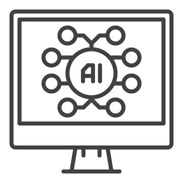 Computer with AI Artificial Intelligence vector outline icon or symbol Stockillustratie