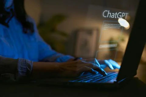 Computer AI Concept With Overlay Of Interface For ChatGPT Projected Onto Screen Stock Photos