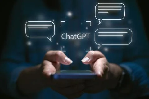 Computer AI Concept With Overlay Of Interface For ChatGPT Projected Onto Screen Stock Photos