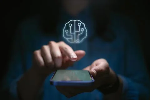 Computer AI Concept With Overlay Of Interface Projected Onto Screen Of Woman Stock Photos