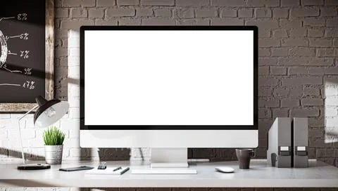 Computer all-in-one with a blank screen in industrial loft office interior Stock Illustration