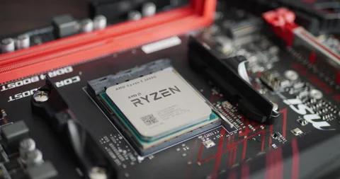A computer AMD Ryzen 2400G cpu on a micro ITX motherboard for a gaming pc Stock Footage 139018187