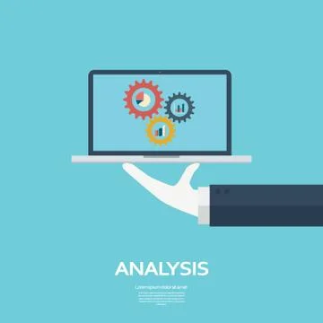 Computer analysis background with laptop and serving hand. Business report Illustrazione stock
