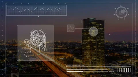 Computer analysis of skyscraper building in city night engineering construction Видео 75055652