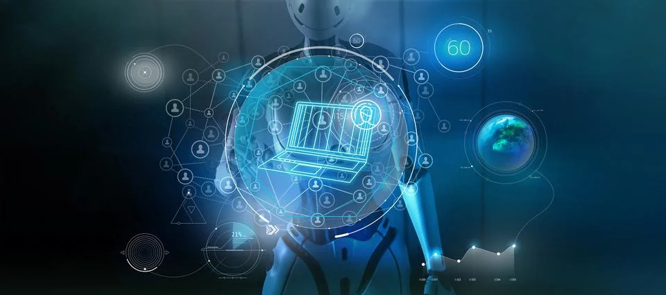 The computer analyzes an array of social media data. 3D render Stock Illustration