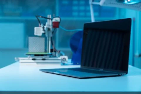 Computer and 3d printer on table in industrial design lab 스톡 사진