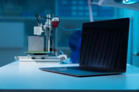 Computer and 3d printer on table in industrial design lab Stock Photos