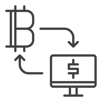 Computer and Bitcoin connected with Arrows vector Cryptocurrency icon or sy.. Illustrazione stock